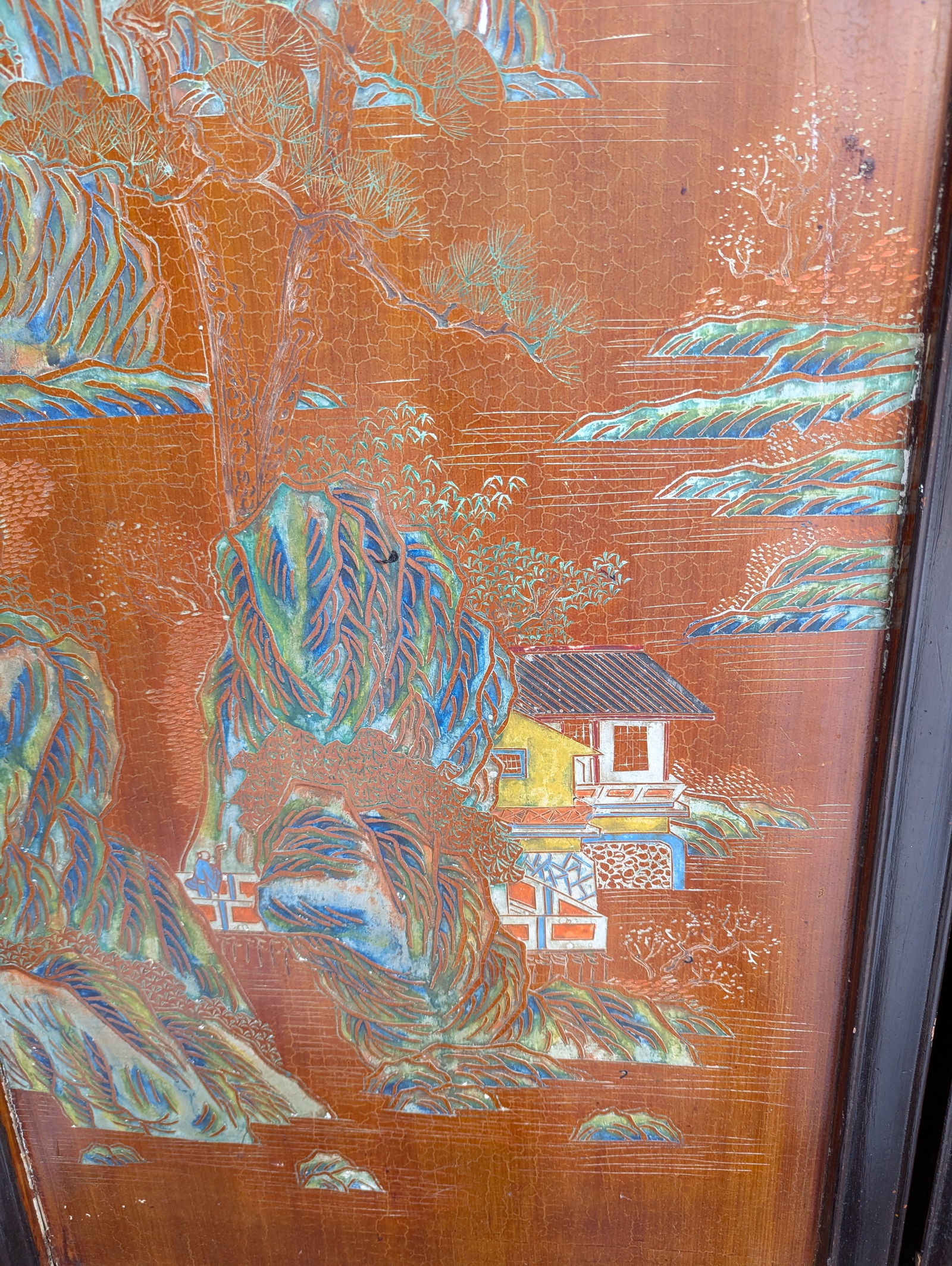 1940s Chinese Coromandel Four Panel Hand Painted Folding Screen /Partition - 13