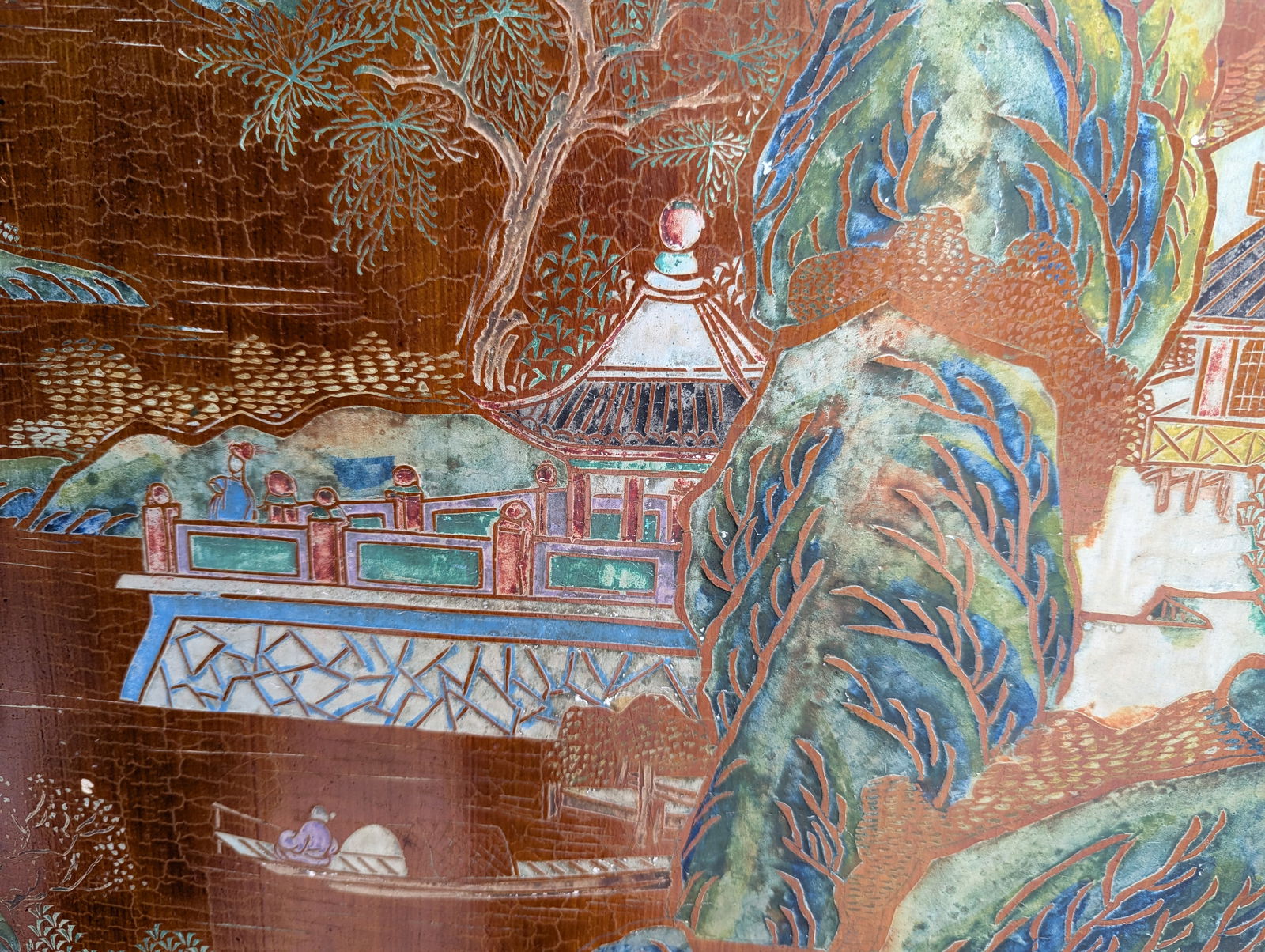 1940s Chinese Coromandel Four Panel Hand Painted Folding Screen /Partition - 16