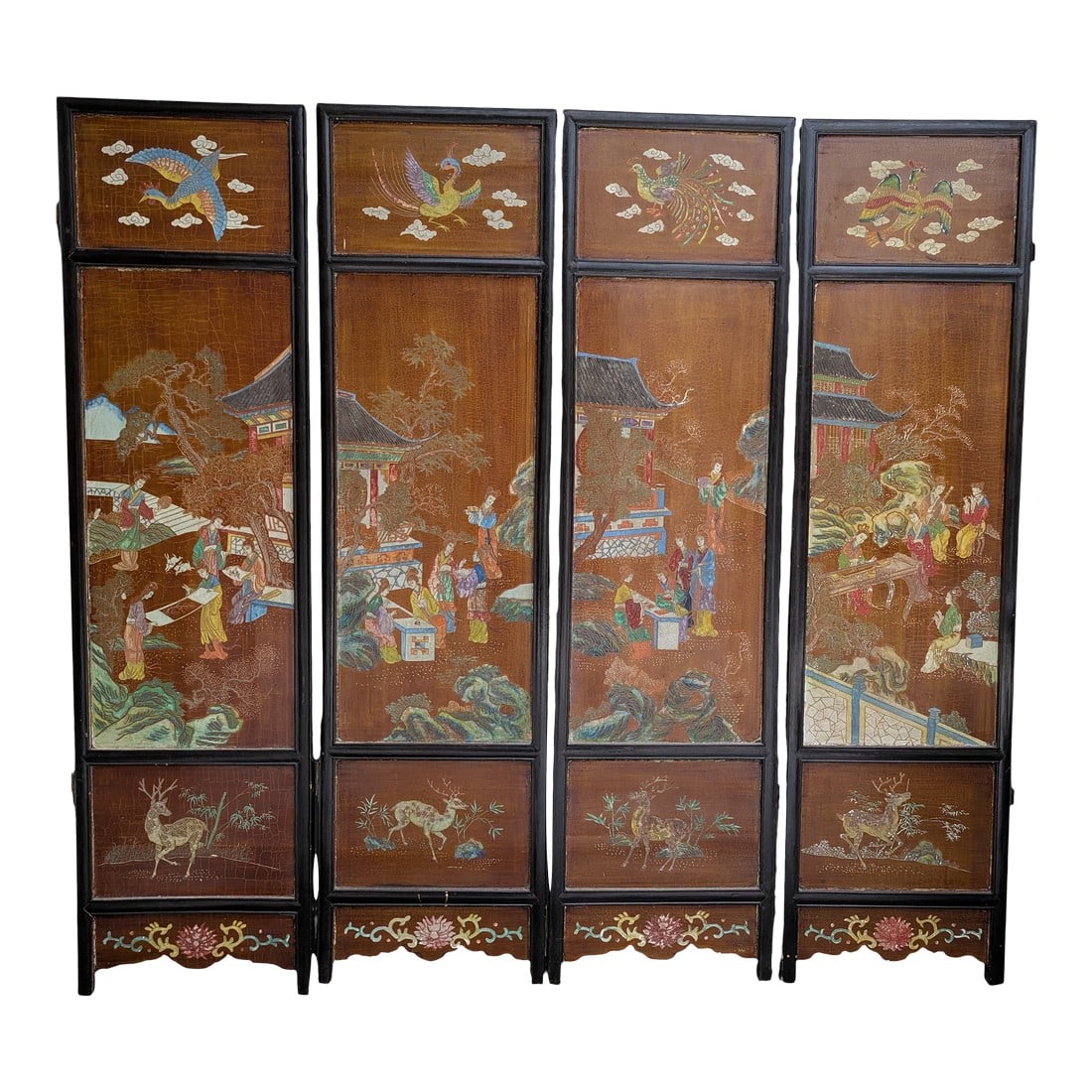 1940s Chinese Coromandel Four Panel Hand Painted Folding Screen /Partition (1 of 17)