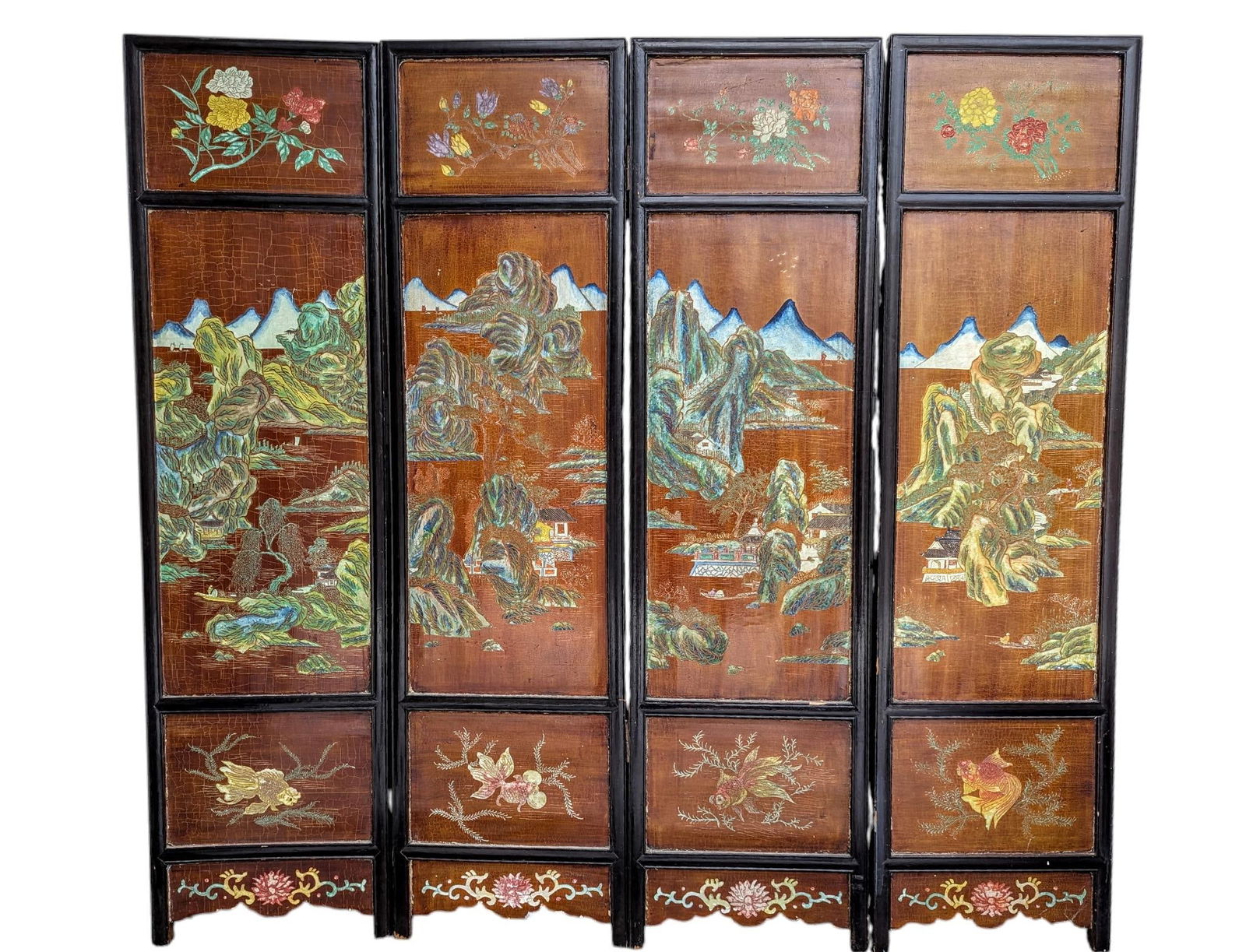 1940s Chinese Coromandel Four Panel Hand Painted Folding Screen /Partition - 2