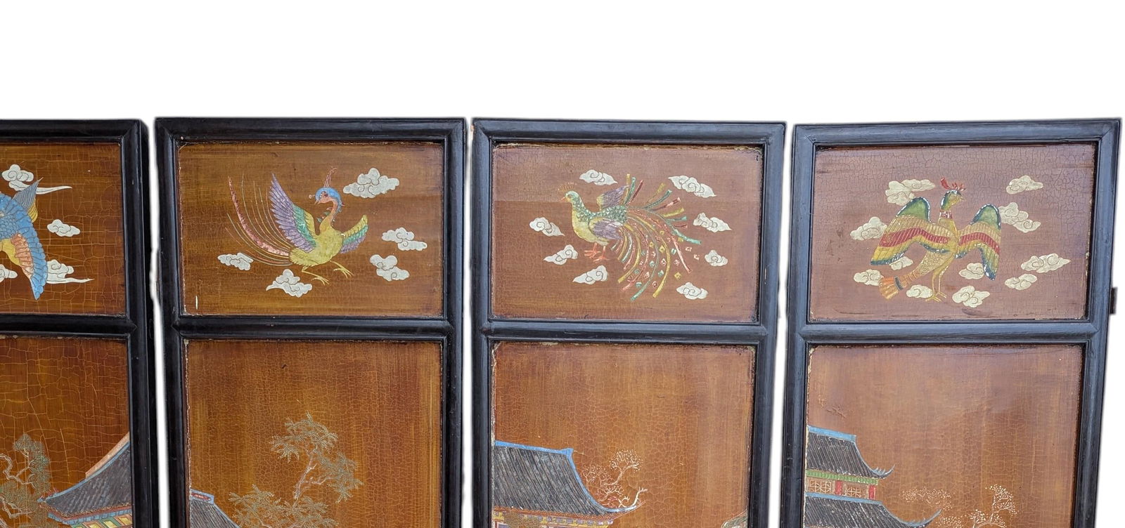 1940s Chinese Coromandel Four Panel Hand Painted Folding Screen /Partition - 3