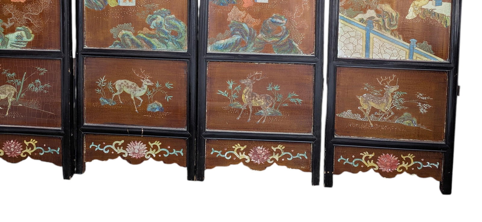 1940s Chinese Coromandel Four Panel Hand Painted Folding Screen /Partition - 4
