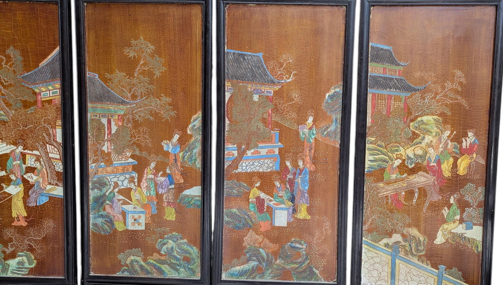 1940s Chinese Coromandel Four Panel Hand Painted Folding Screen /Partition - 5
