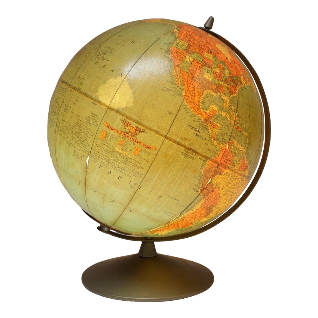 Mid-Century American Modern Illuminated 12" Library Globe by Replogle: Replogle Library Globe composed of a paper over plastic 12" orb with ocean finishes in an attractive aqua with bold accent hues representing continents / countries. Dates between 1958-1961 (Egypt and