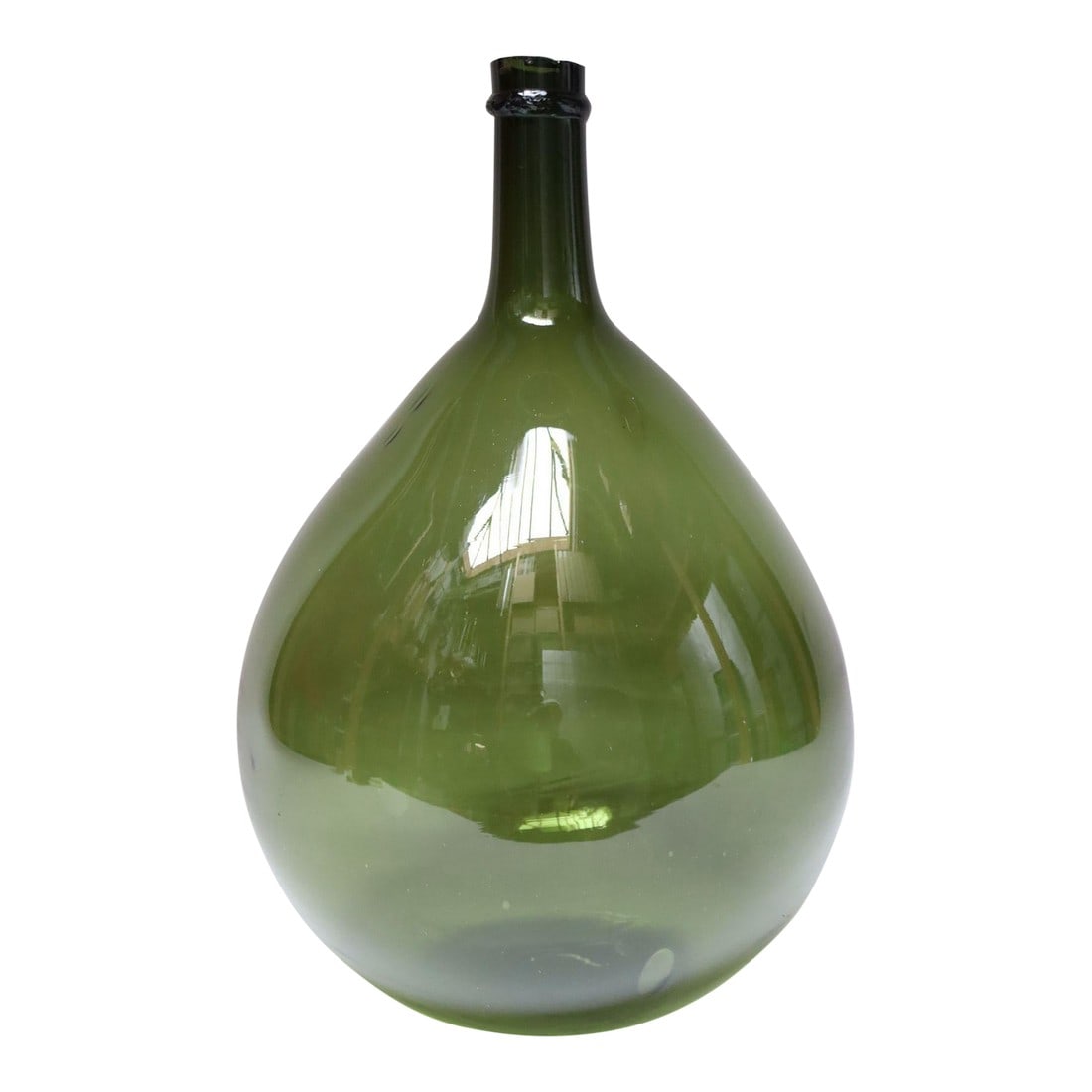 Vintage Italian Green Blown Glass Bulbous Form Demijohn Carboy: Italian Demijohn / Carboy originally used for transporting wine (ca. early 20th Century, Italy). Composed of attractive green free-blown glass exhibiting trapped air bubbles within the glass itself wi