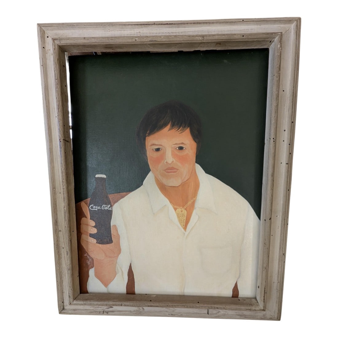 Late 20th Century Portrait of Man With Coca Cola Bottle Framed Acrylic Painting by Larry Zingale: Larry Zingale was born in New York in 1938. The self-taught artist discovered in 1973 by New York gallerist, Gisela Fabian of Fabian Gallery who included his works in an important American show on