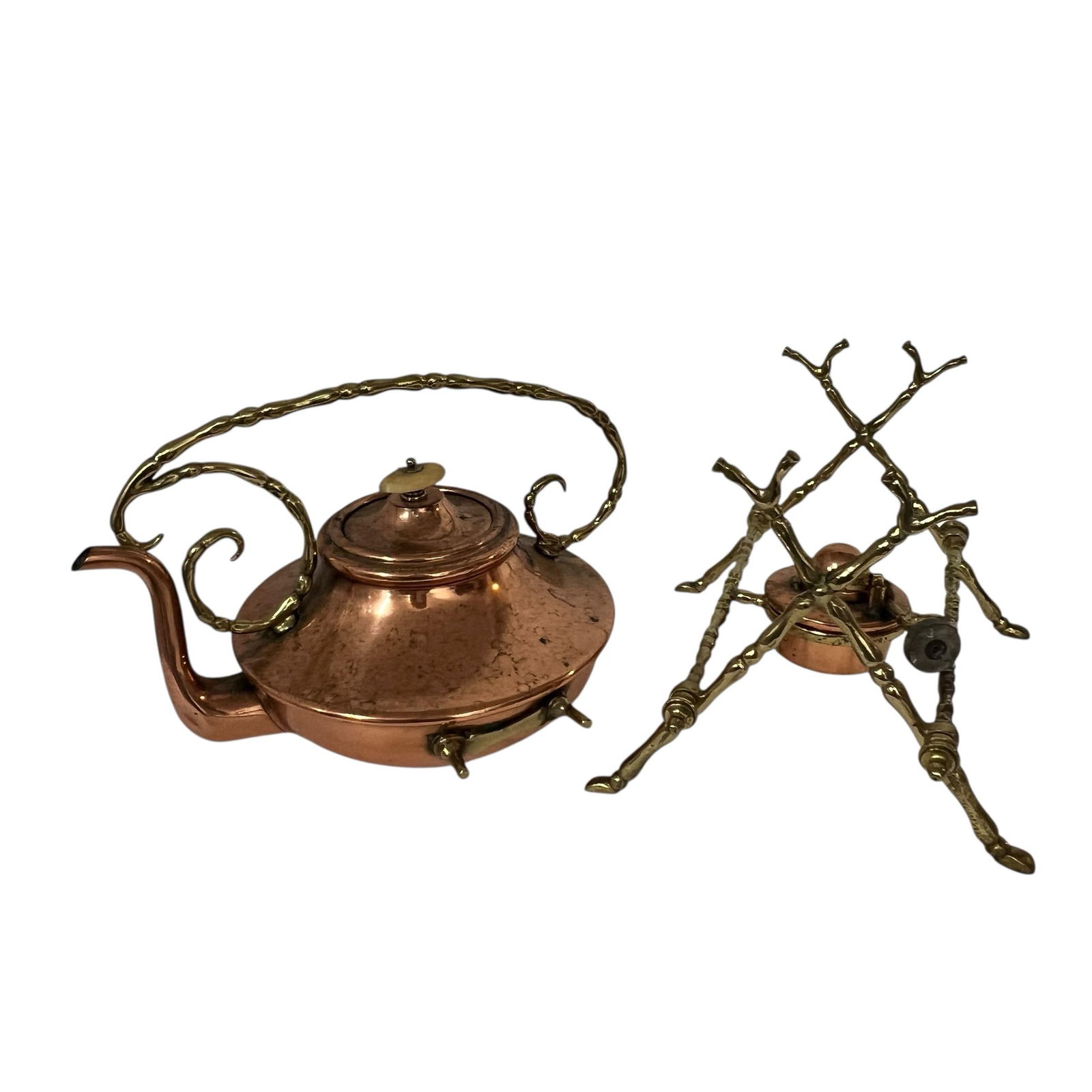 Vintage Copper and Brass Spirit Tea Kettle on Stand With Warmer - 3