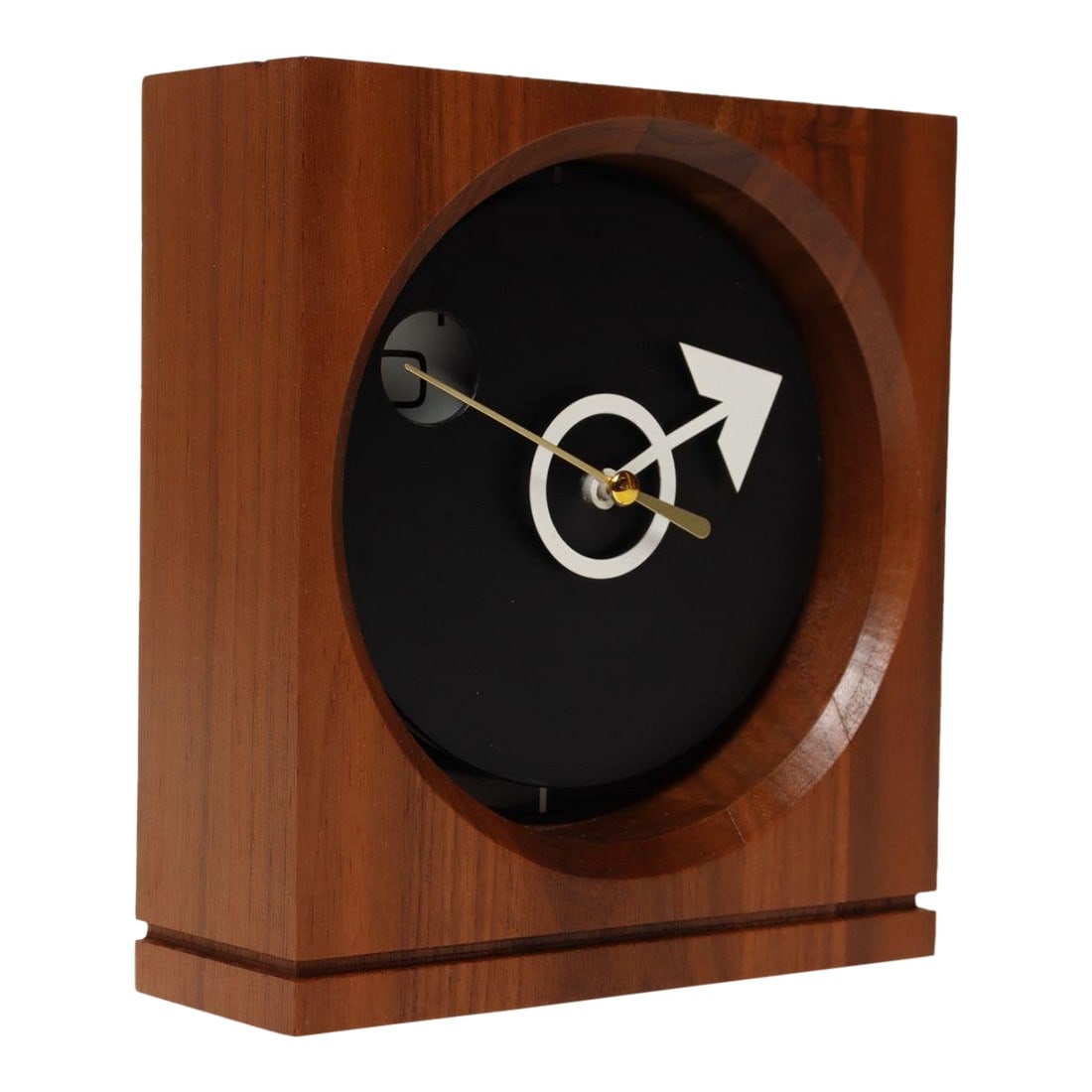 Vintage American Modernist Staved Walnut Square Wall Clock With Date Window: Mid-Century Modern square wall clock in staved walnut with modernist white plastic and brass hour and minute hands (ca. 1970s, USA). Simple, modernist form lacking numeral markers but including a wind