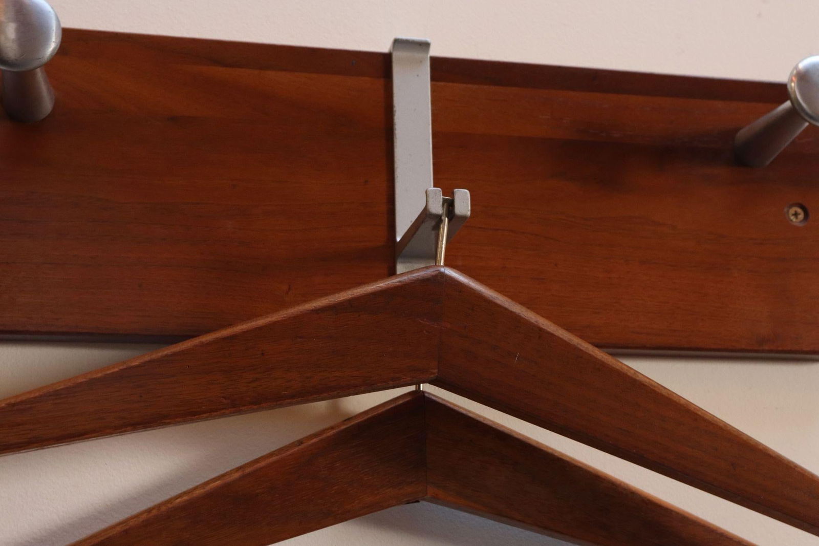 Vintage Walnut and Anodized Aluminum Wall Mounted Coat Rack With Two Hangers - 12