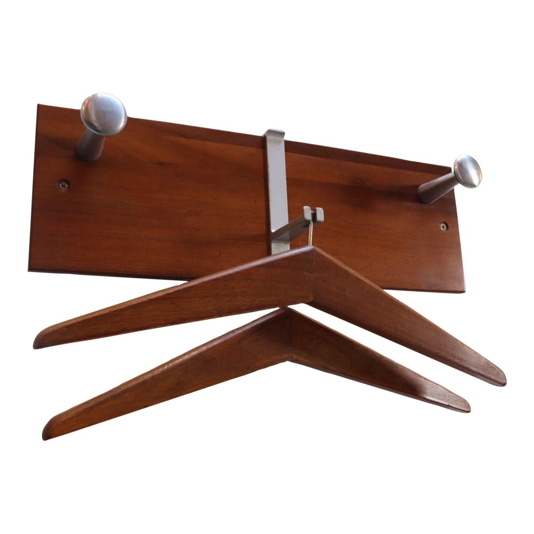 Vintage Walnut and Anodized Aluminum Wall Mounted Coat Rack With Two Hangers: Modernist coat rack featuring a walnut mount with two anodized aluminum 'hooks' and dual bracket in which the two hangers fit (ca. 1970s, USA). Practical, stylish piece, ideal for foyer/hallway, offic
