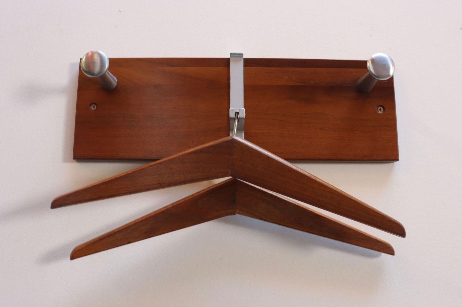 Vintage Walnut and Anodized Aluminum Wall Mounted Coat Rack With Two Hangers - 2