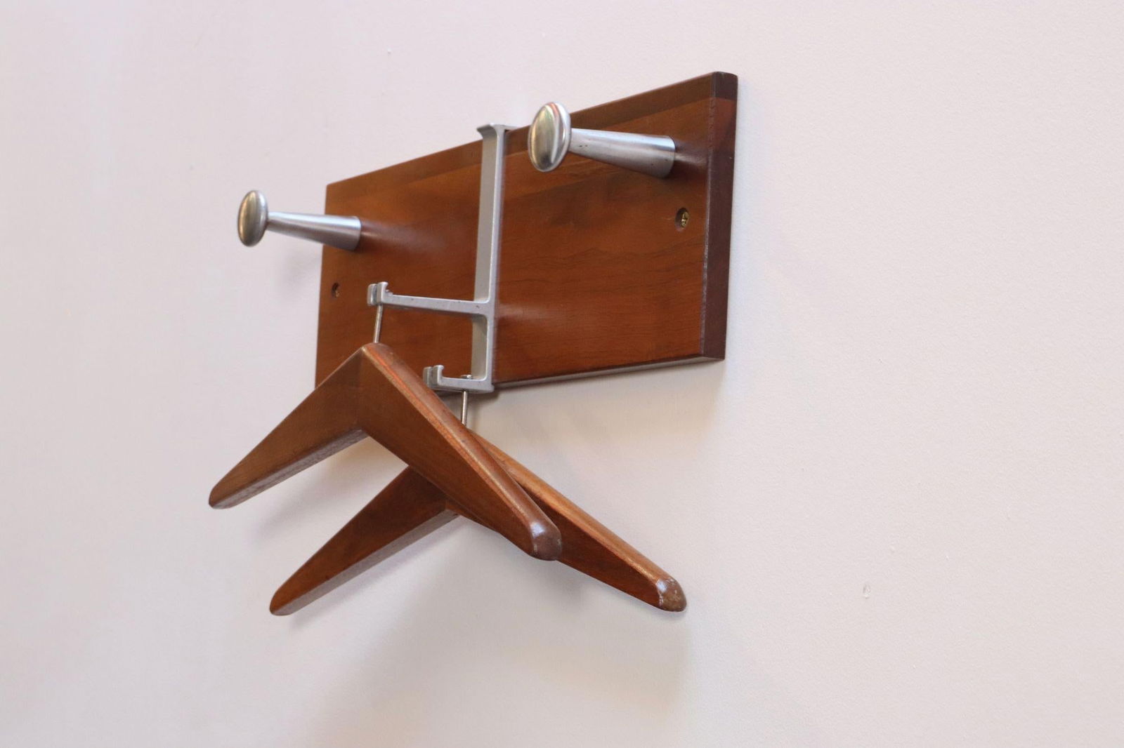Vintage Walnut and Anodized Aluminum Wall Mounted Coat Rack With Two Hangers - 4