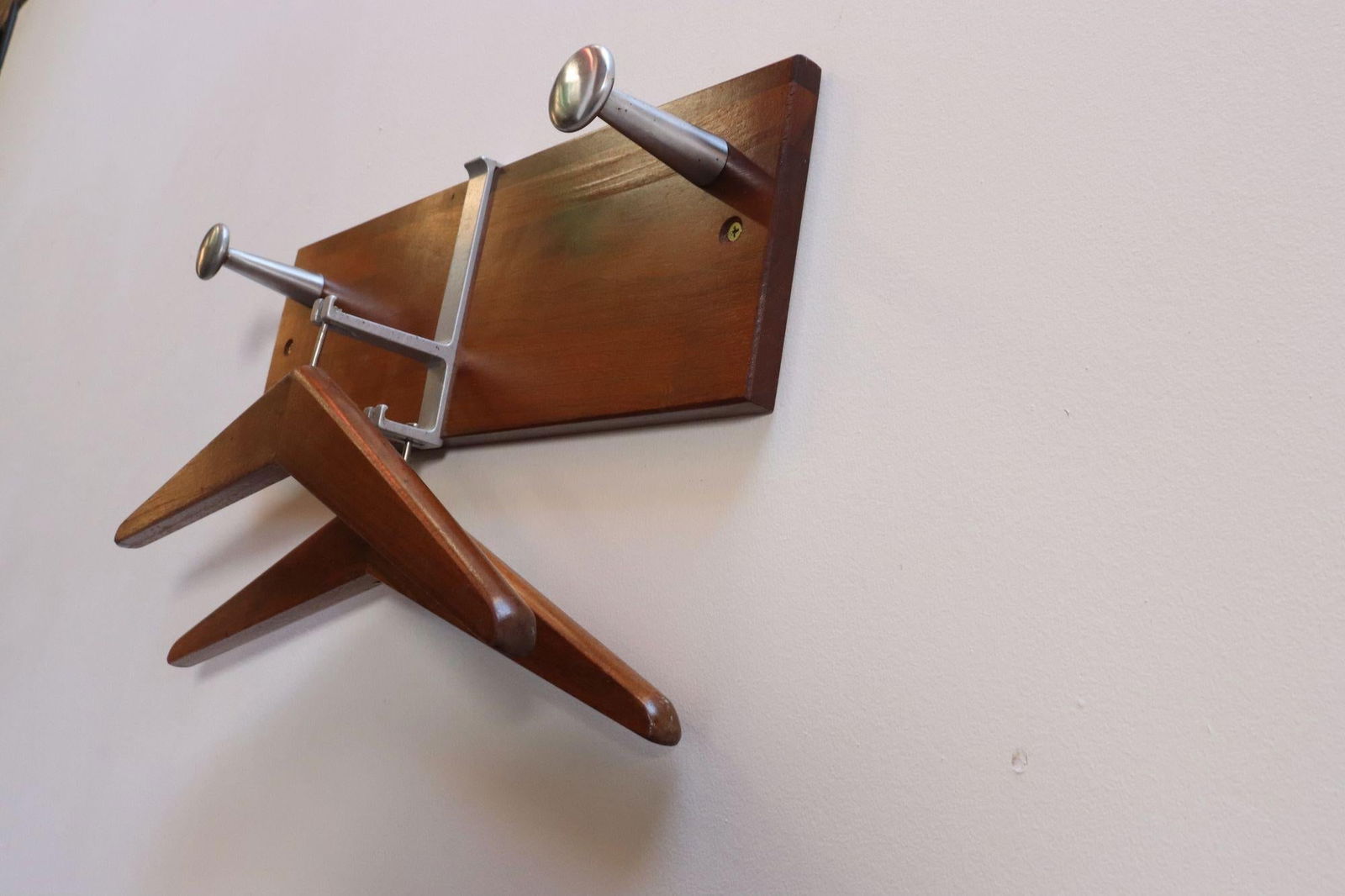 Vintage Walnut and Anodized Aluminum Wall Mounted Coat Rack With Two Hangers - 5
