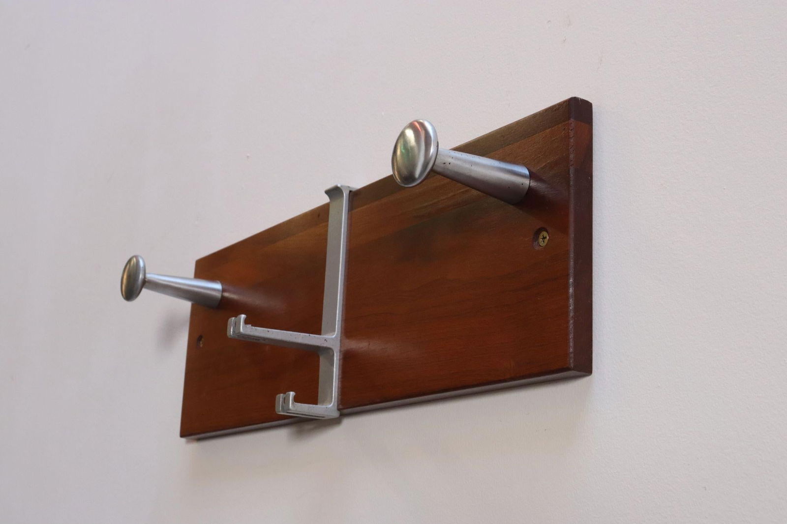 Vintage Walnut and Anodized Aluminum Wall Mounted Coat Rack With Two Hangers - 7