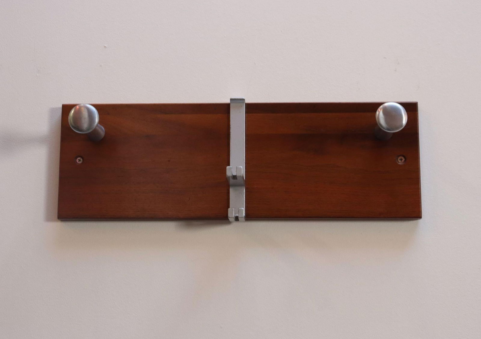 Vintage Walnut and Anodized Aluminum Wall Mounted Coat Rack With Two Hangers - 8