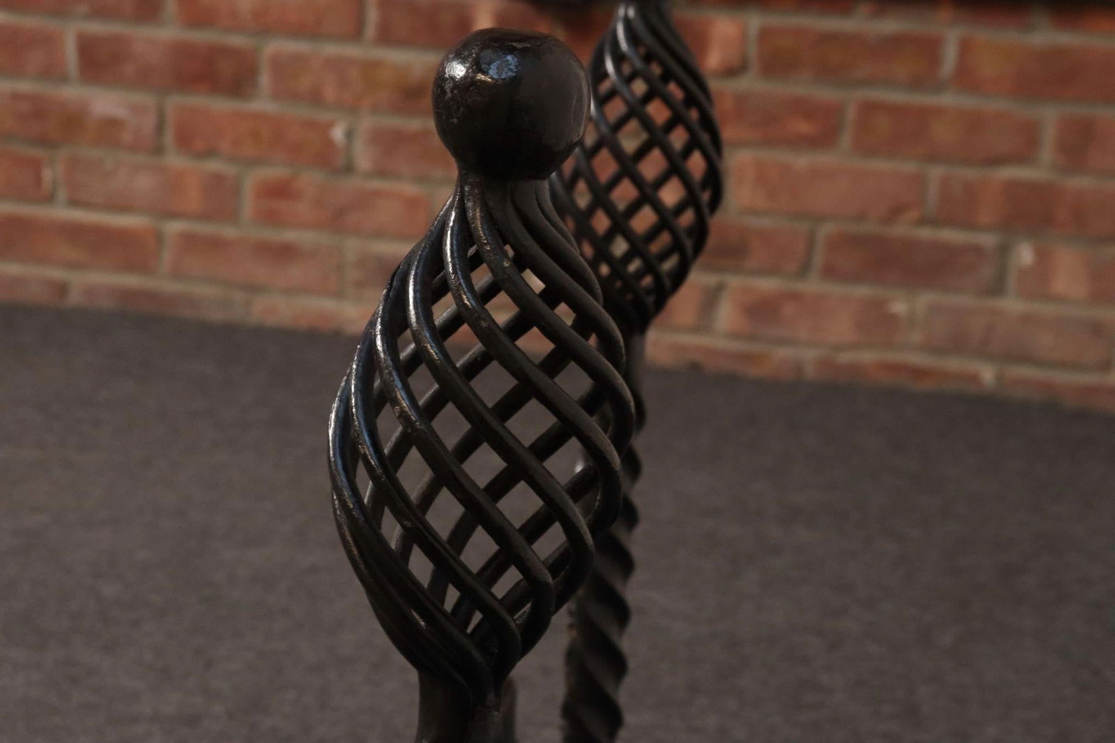 Pair of Gothic Revival Firedogs / Andirons With Basket Twist and Scroll Motif - 11