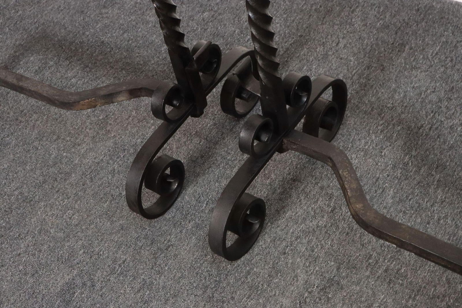 Pair of Gothic Revival Firedogs / Andirons With Basket Twist and Scroll Motif - 12