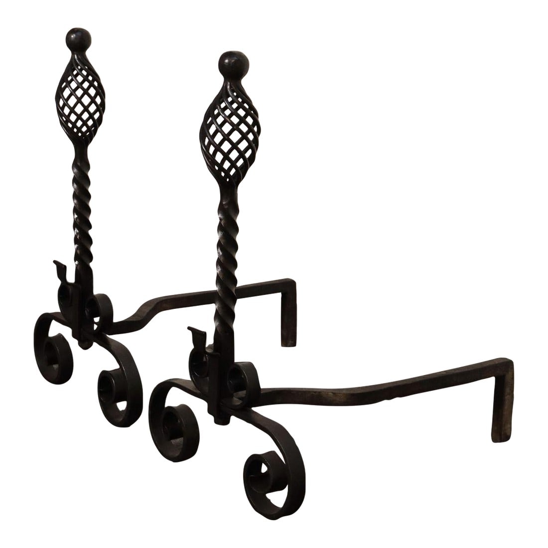 Pair of Gothic Revival Firedogs / Andirons With Basket Twist and Scroll Motif (1 of 15)