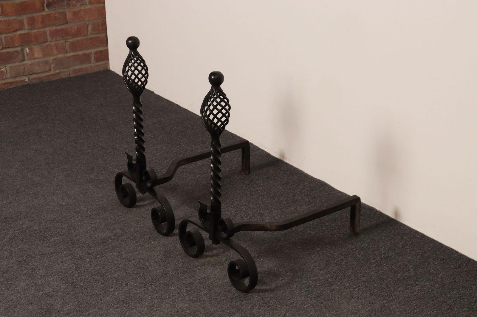 Pair of Gothic Revival Firedogs / Andirons With Basket Twist and Scroll Motif - 2