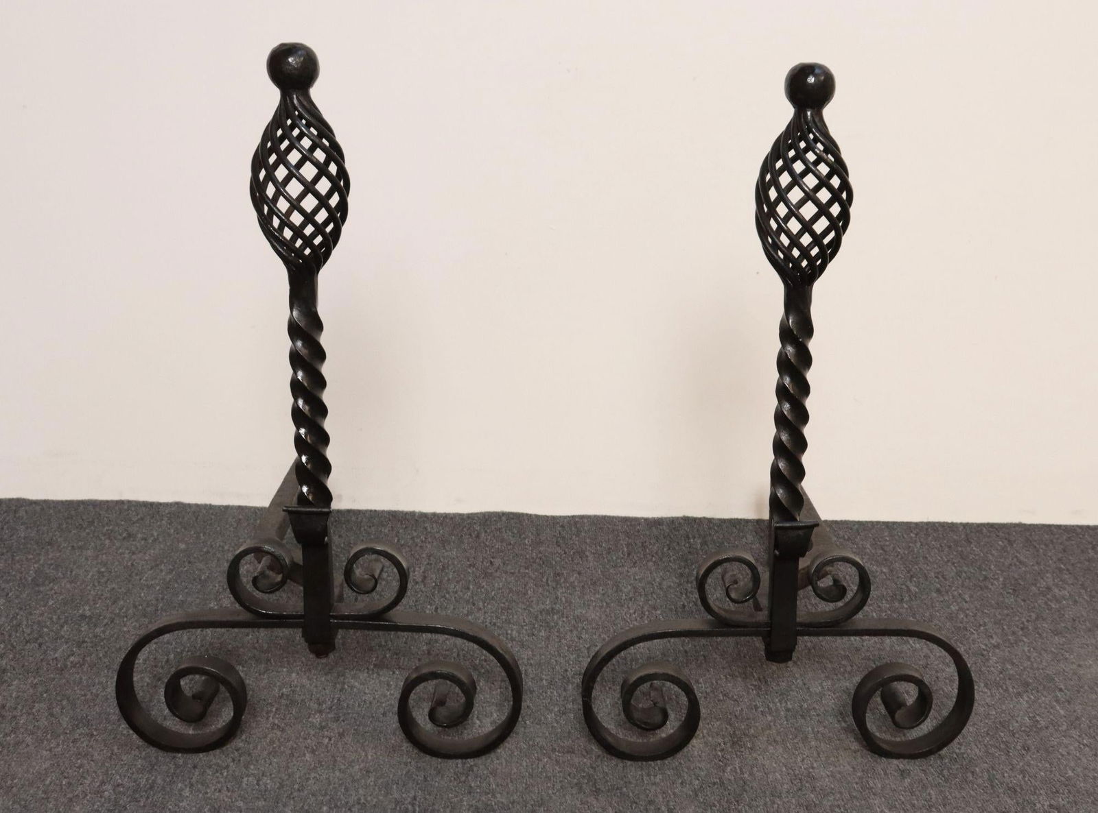 Pair of Gothic Revival Firedogs / Andirons With Basket Twist and Scroll Motif - 3