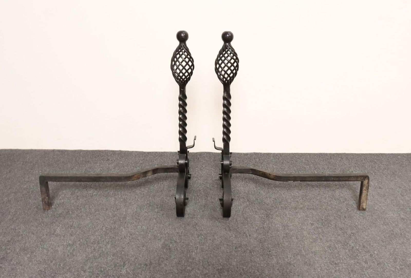 Pair of Gothic Revival Firedogs / Andirons With Basket Twist and Scroll Motif - 4