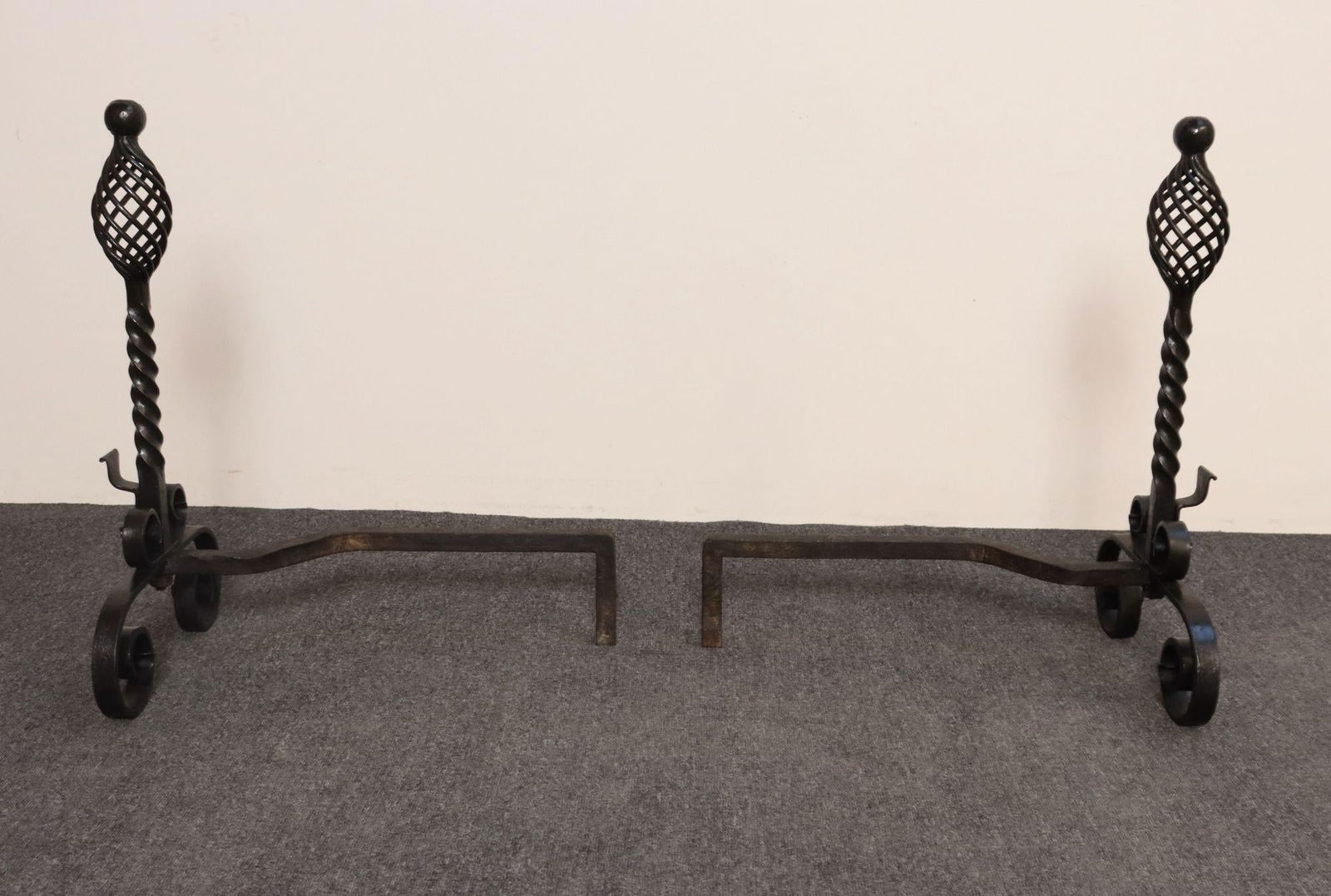 Pair of Gothic Revival Firedogs / Andirons With Basket Twist and Scroll Motif - 5