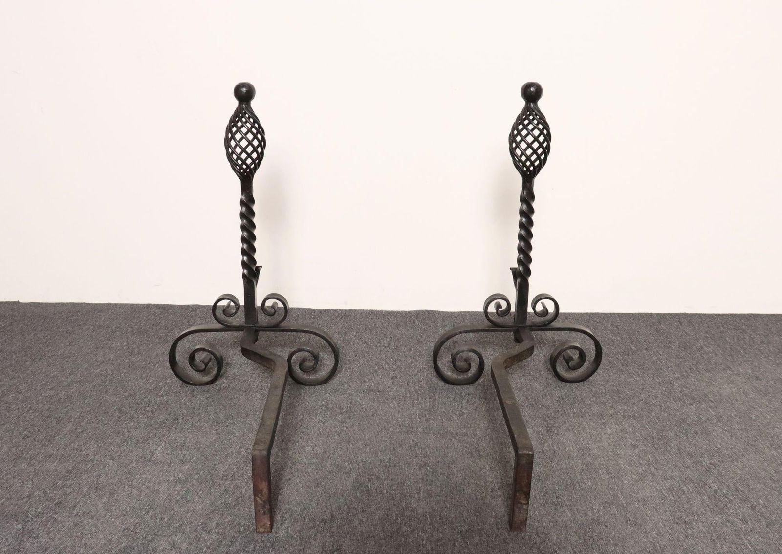 Pair of Gothic Revival Firedogs / Andirons With Basket Twist and Scroll Motif - 6