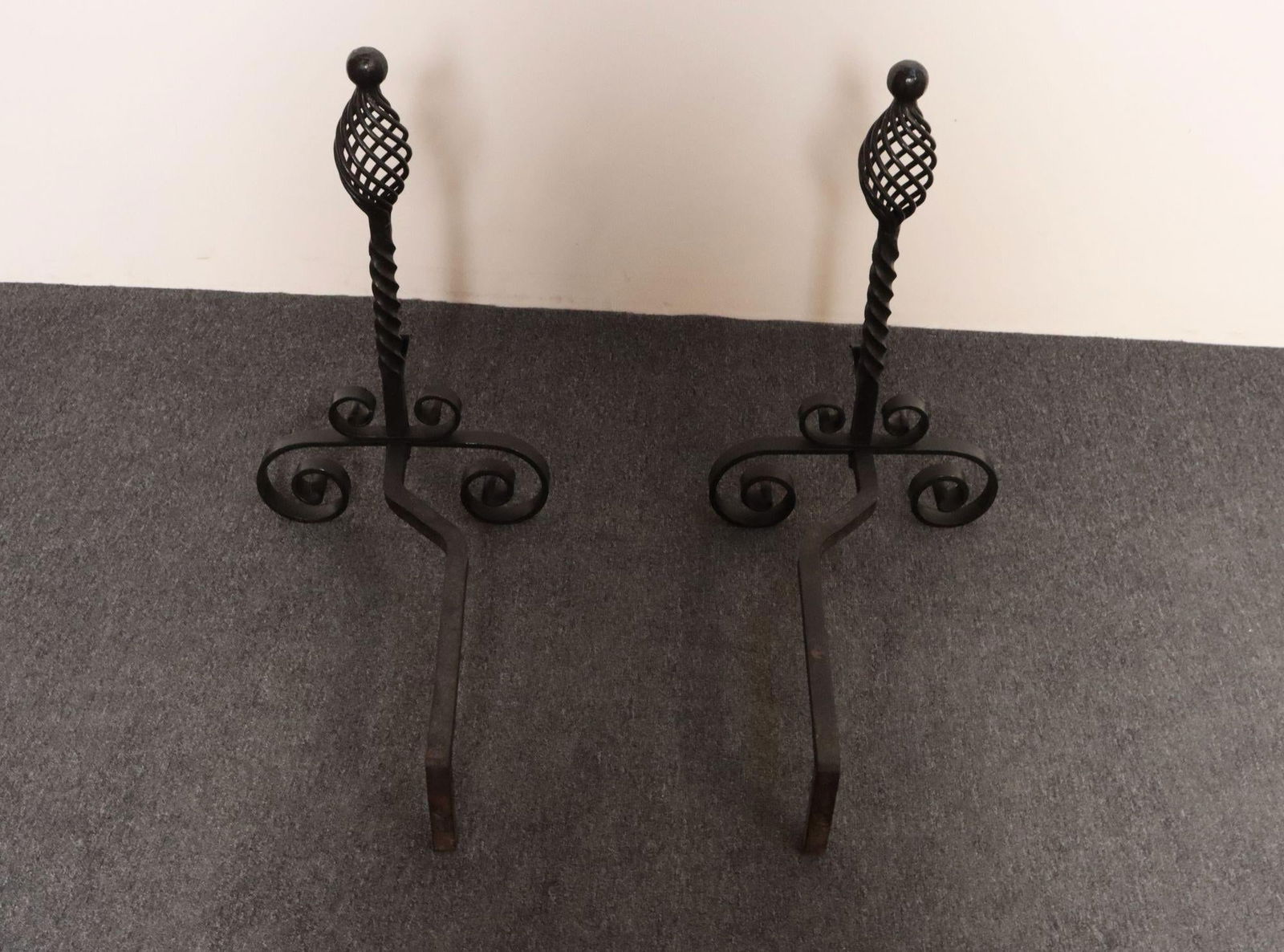 Pair of Gothic Revival Firedogs / Andirons With Basket Twist and Scroll Motif - 7