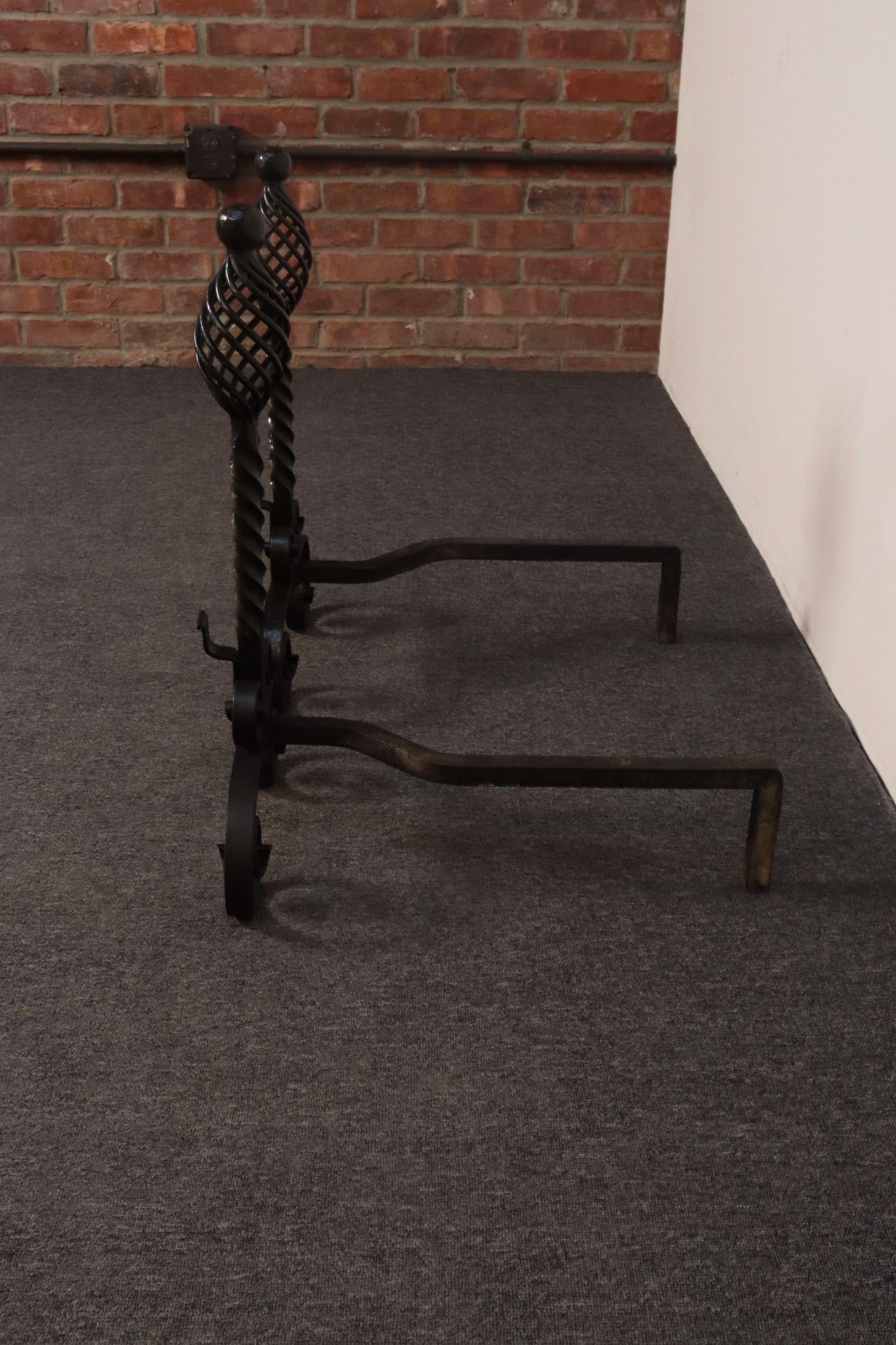 Pair of Gothic Revival Firedogs / Andirons With Basket Twist and Scroll Motif - 9