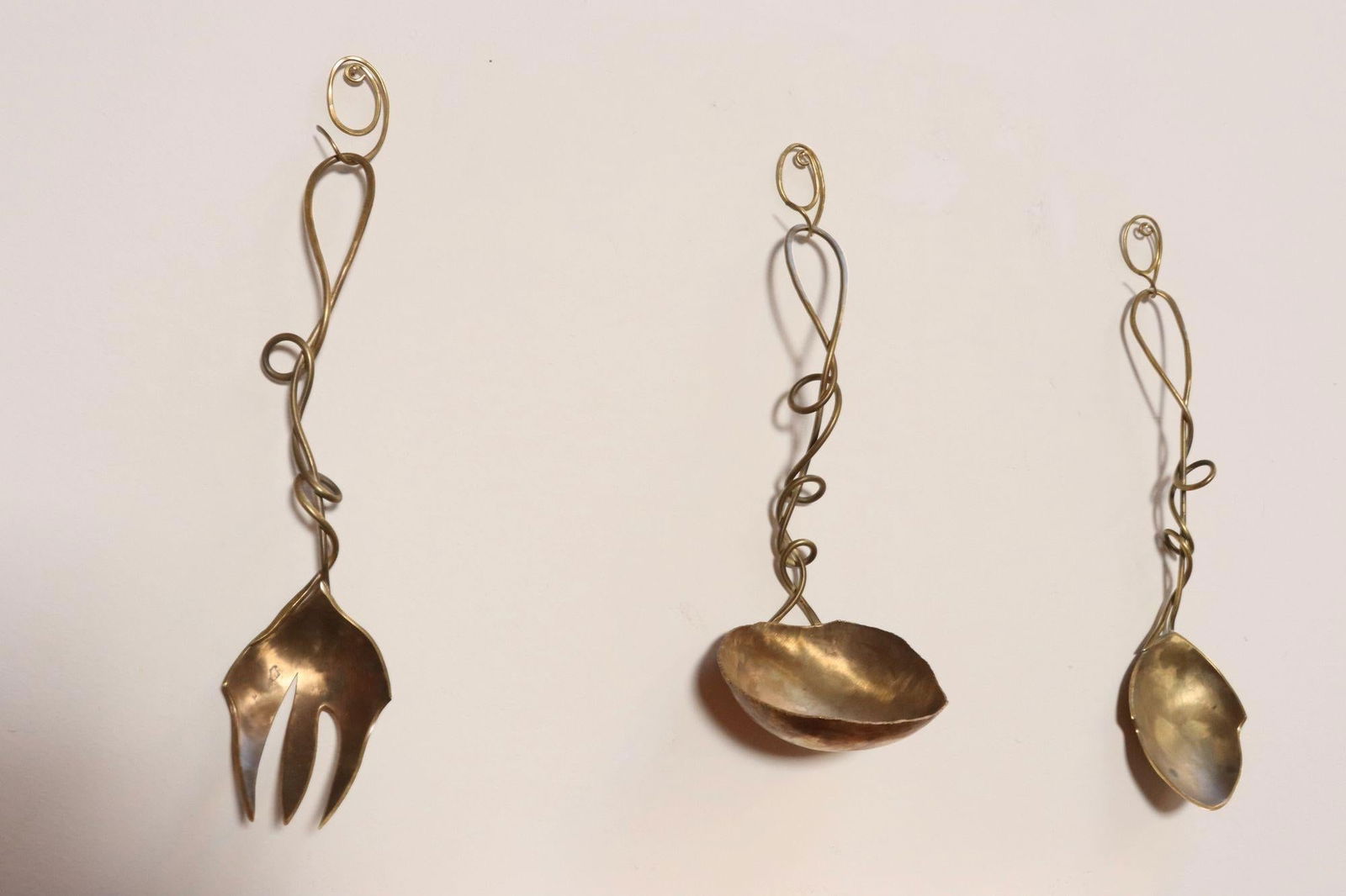 Set of Three Brutalist Brass Decorative Serving Pieces - Ladle, Spoon, and Fork - 18