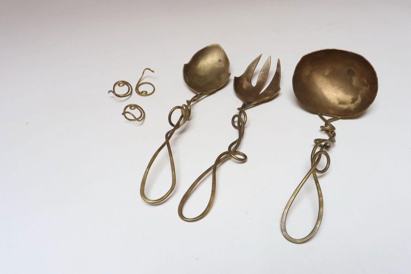 Set of Three Brutalist Brass Decorative Serving Pieces - Ladle, Spoon, and Fork - 4