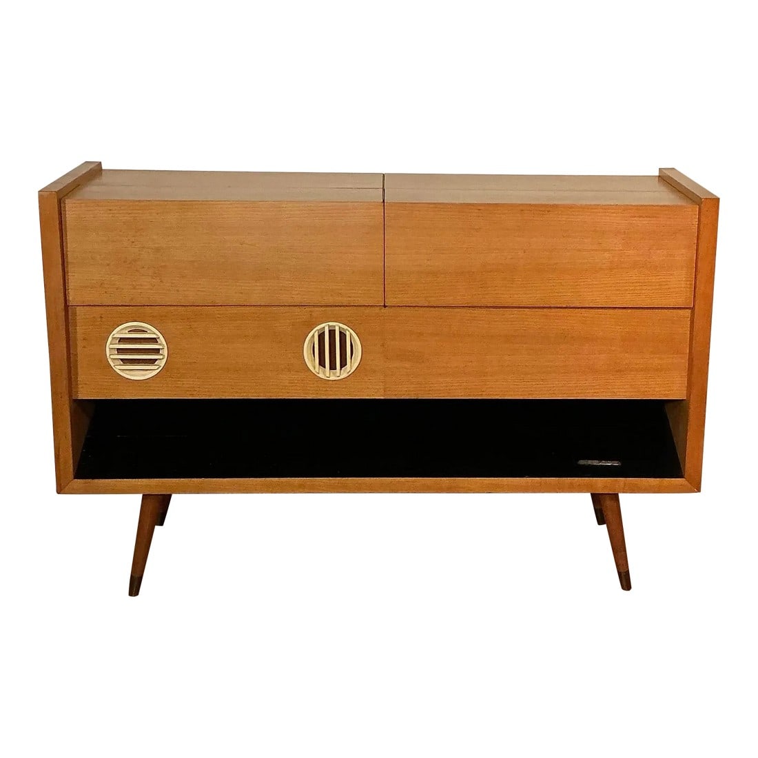 Mid-Century German Grundig Majestic 7080 Wf Stereo Console Radio, Circa 1955-1957: Mid Century Modern Grundig Majestic Stereo Console made in Germany made in the mid 1950s. Original HI-FI sound turner with all original dials and buttons. The flip-top lid flips open on both sides to