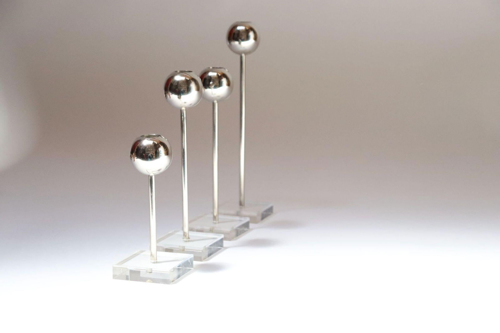 Set of Four Vintage Chrome Orb Candlesticks With Lucite Stems and Bases - 2