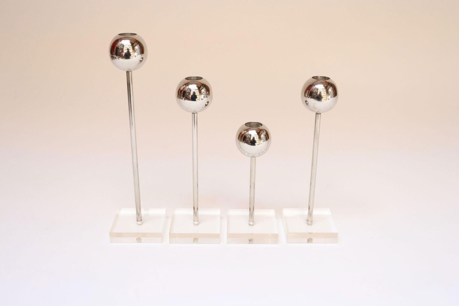 Set of Four Vintage Chrome Orb Candlesticks With Lucite Stems and Bases - 3