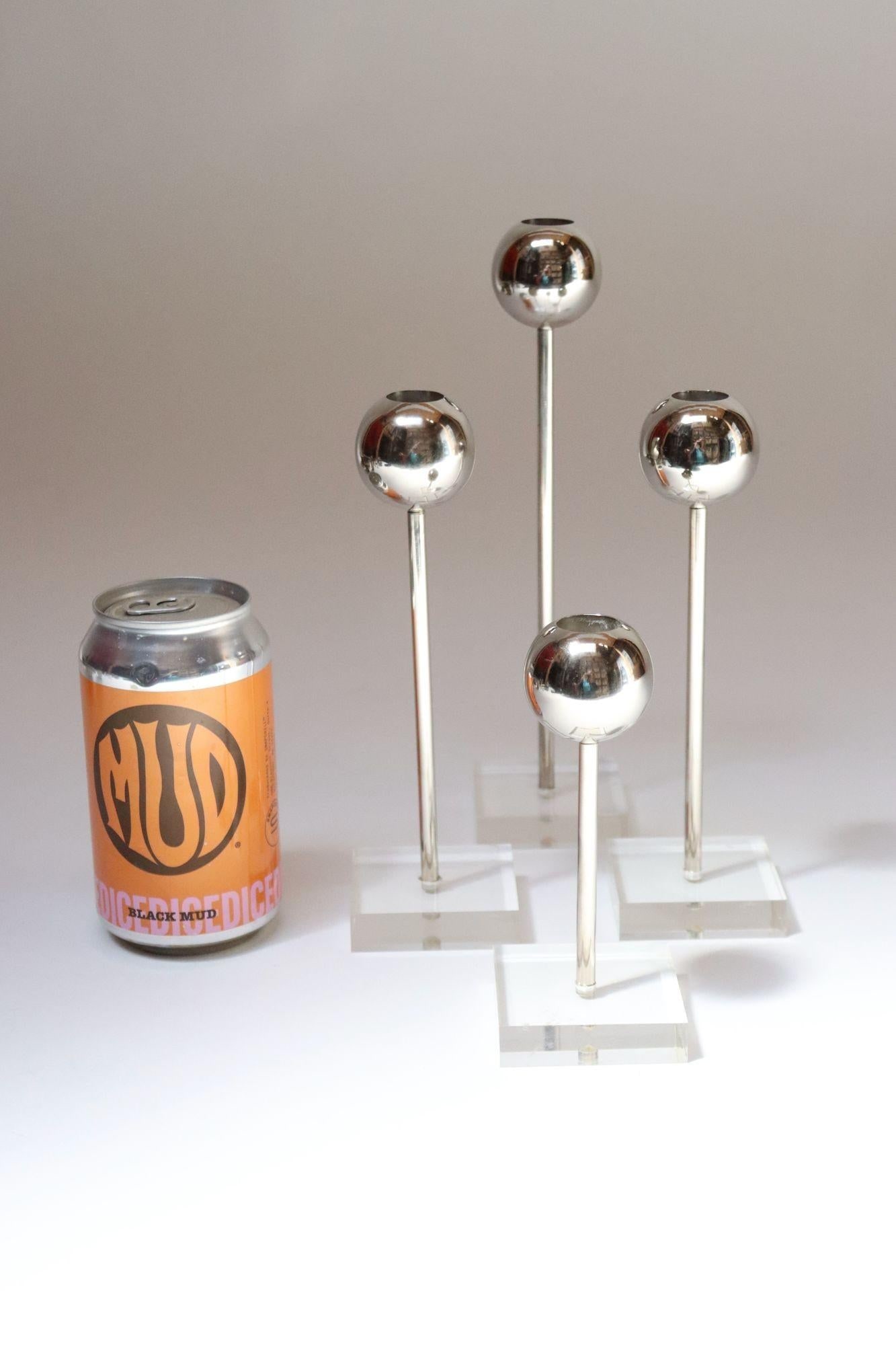 Set of Four Vintage Chrome Orb Candlesticks With Lucite Stems and Bases - 4