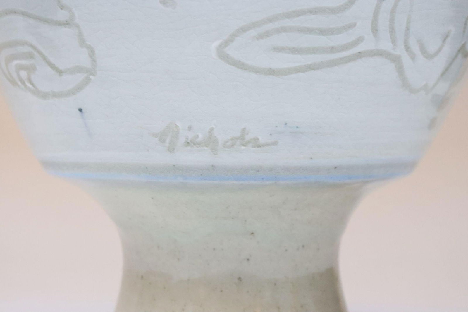 Vintage Incised Studio Pottery Compote Vase With Shell Motif by Deanna Nichols - 16