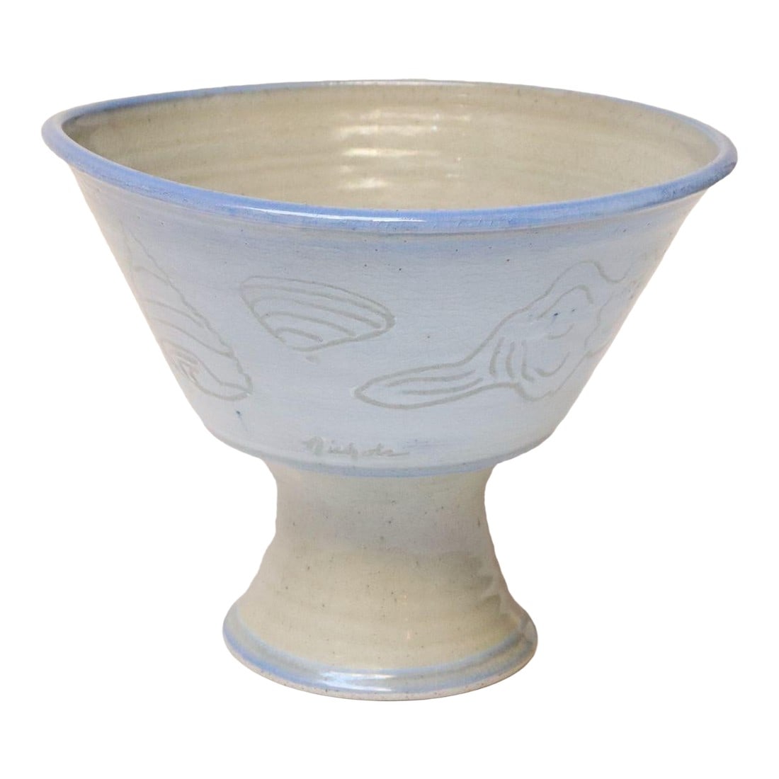 Vintage Incised Studio Pottery Compote Vase With Shell Motif by Deanna Nichols: Studio ceramic compote/vase by ceramicist, Deanna Nichols (b. 1942-2017, Missouri). Holding a BFA from Kansas City Art Institute (1965) and an MFA from Claremont Graduate University in California