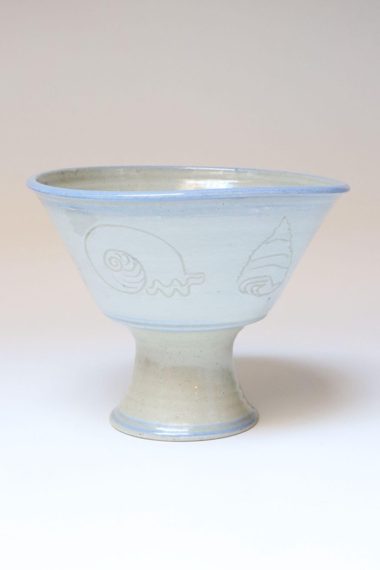 Vintage Incised Studio Pottery Compote Vase With Shell Motif by Deanna Nichols - 3