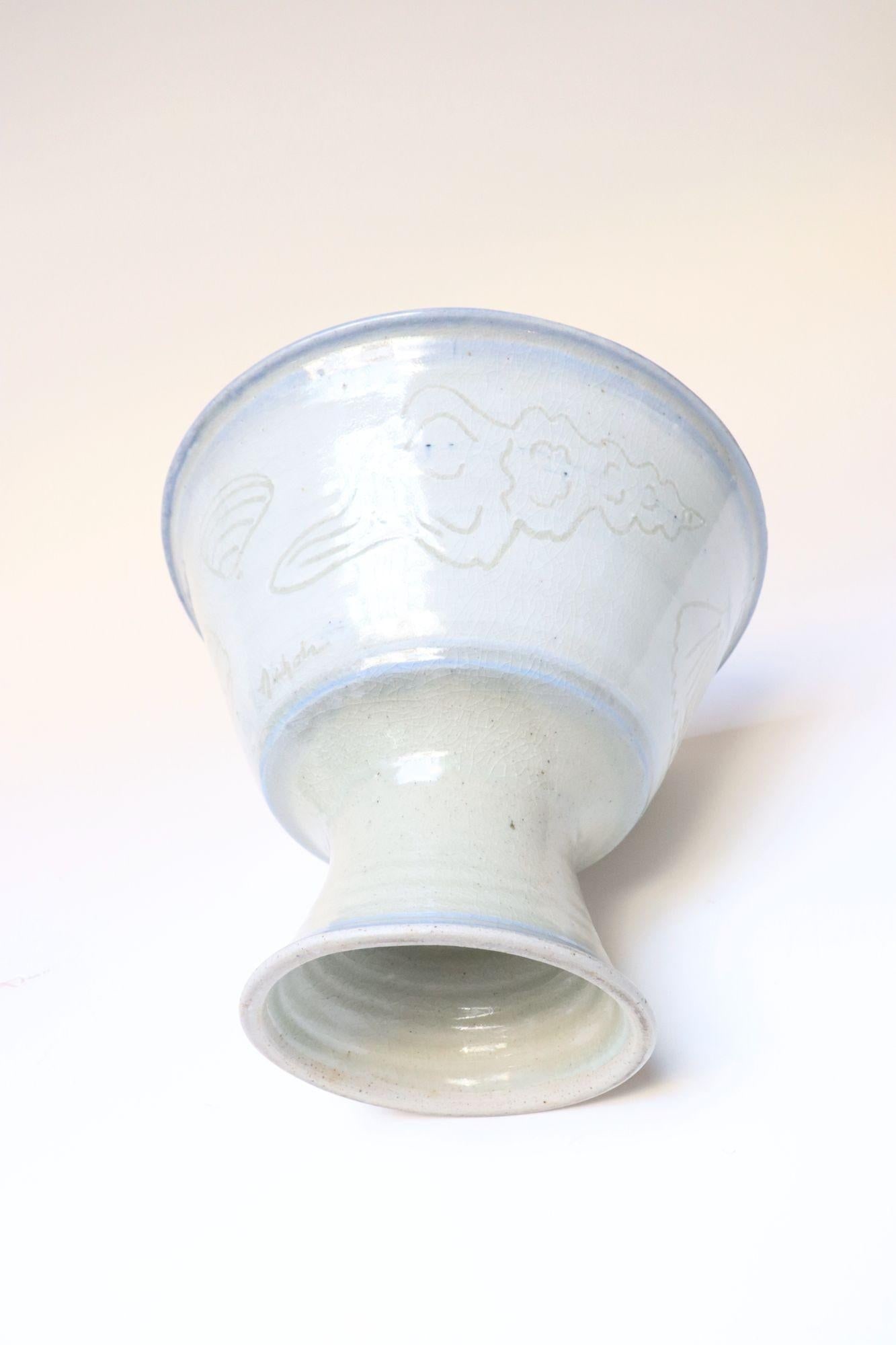 Vintage Incised Studio Pottery Compote Vase With Shell Motif by Deanna Nichols - 6