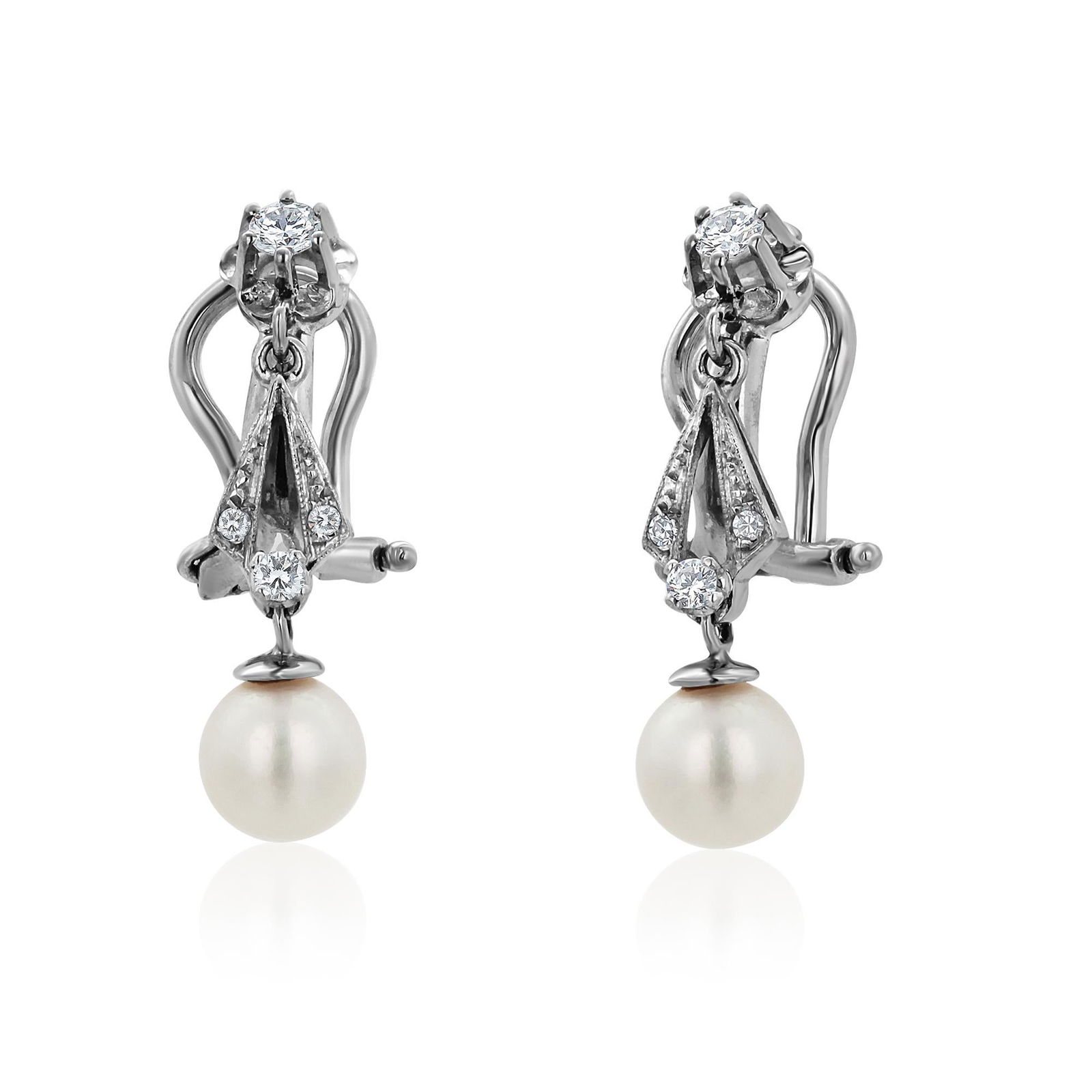 1940s Platinum Diamond and Pear Lever Back Drop Earrings 1 Inch Long, A Pair - 8