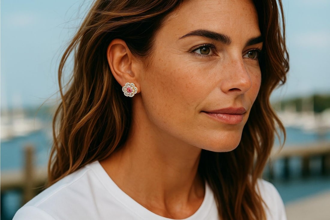 14 Karat Yellow Gold Floral Ruby and Diamond Earrings, A Pair - 2