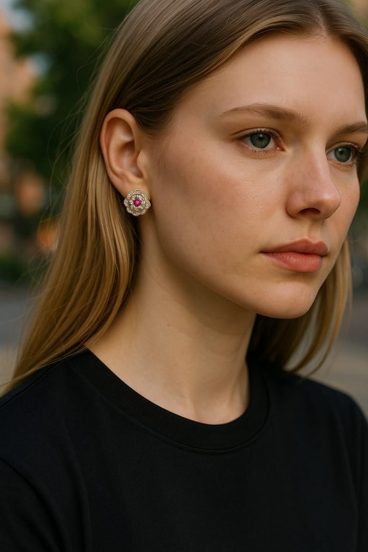 14 Karat Yellow Gold Floral Ruby and Diamond Earrings, A Pair - 4