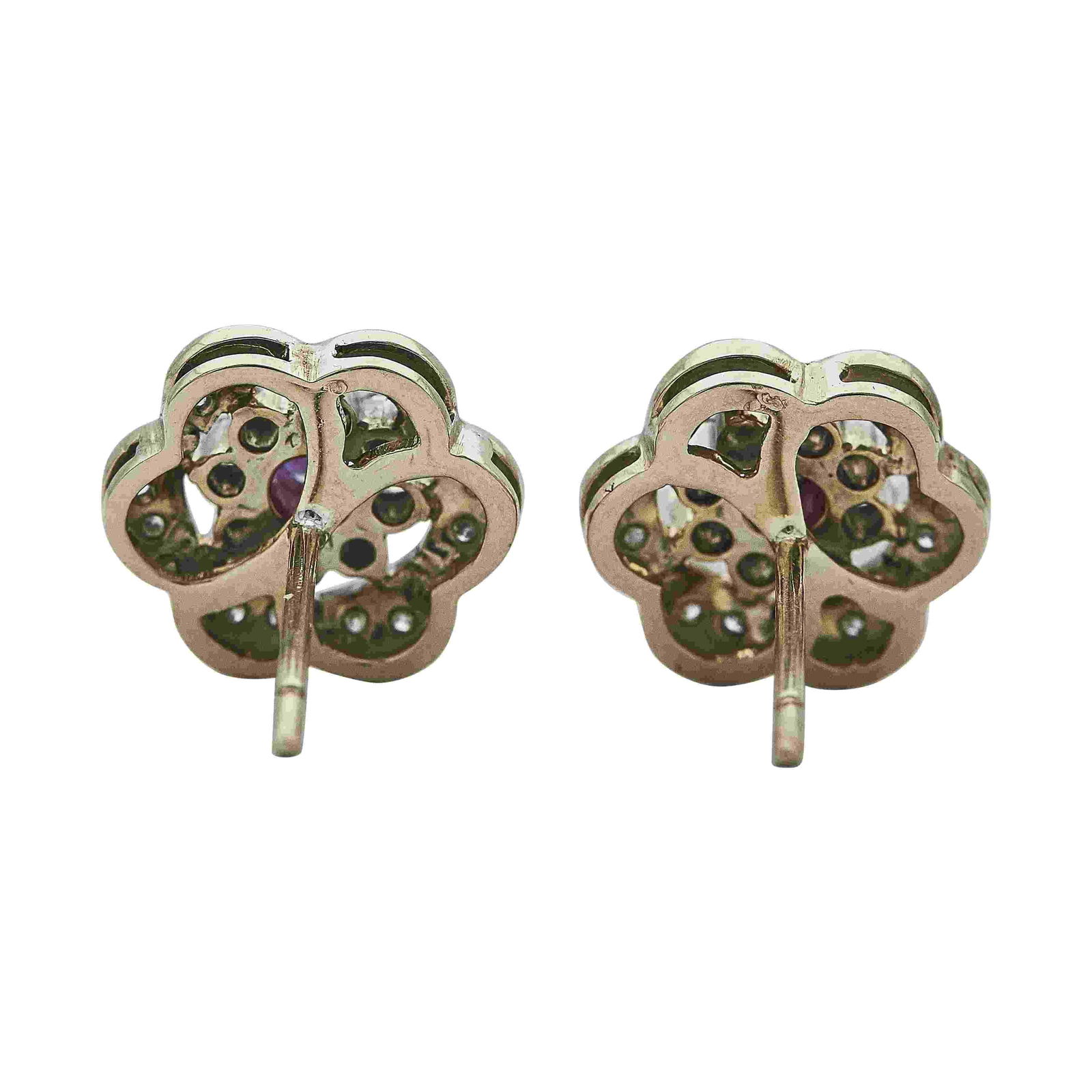 14 Karat Yellow Gold Floral Ruby and Diamond Earrings, A Pair - 5