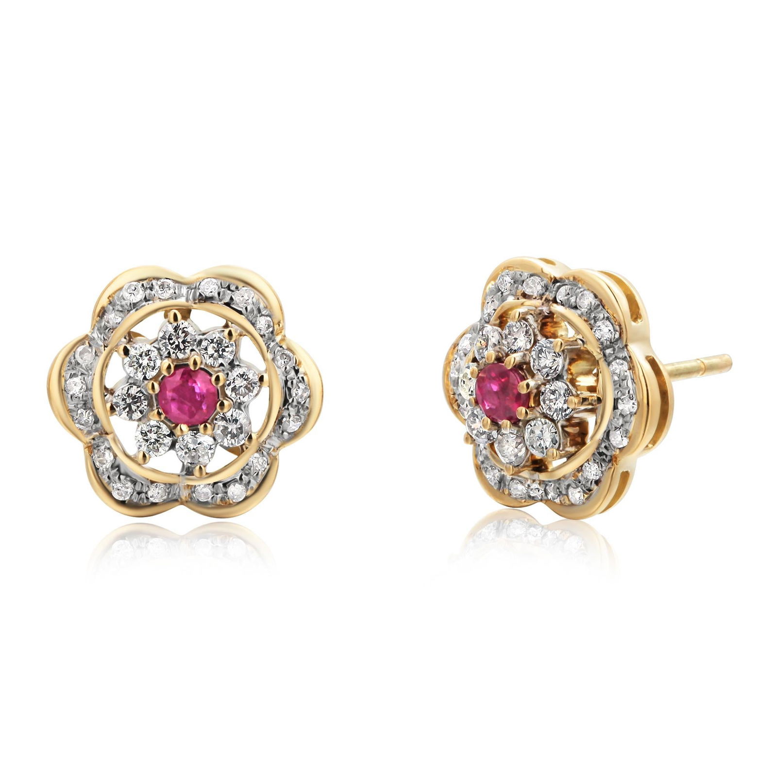 14 Karat Yellow Gold Floral Ruby and Diamond Earrings, A Pair - 6