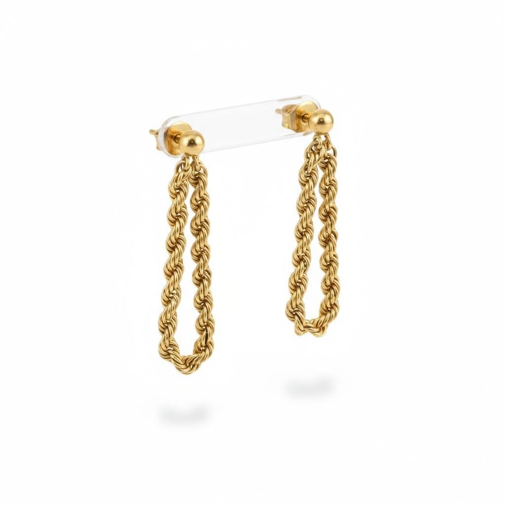 14k Yellow Gold Rope Chain Looping Spiral Chain Design Earrings, A Pair - 6
