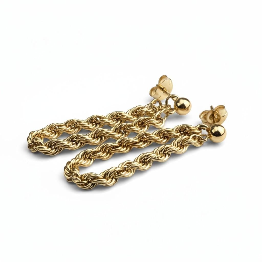 14k Yellow Gold Rope Chain Looping Spiral Chain Design Earrings, A Pair - 7