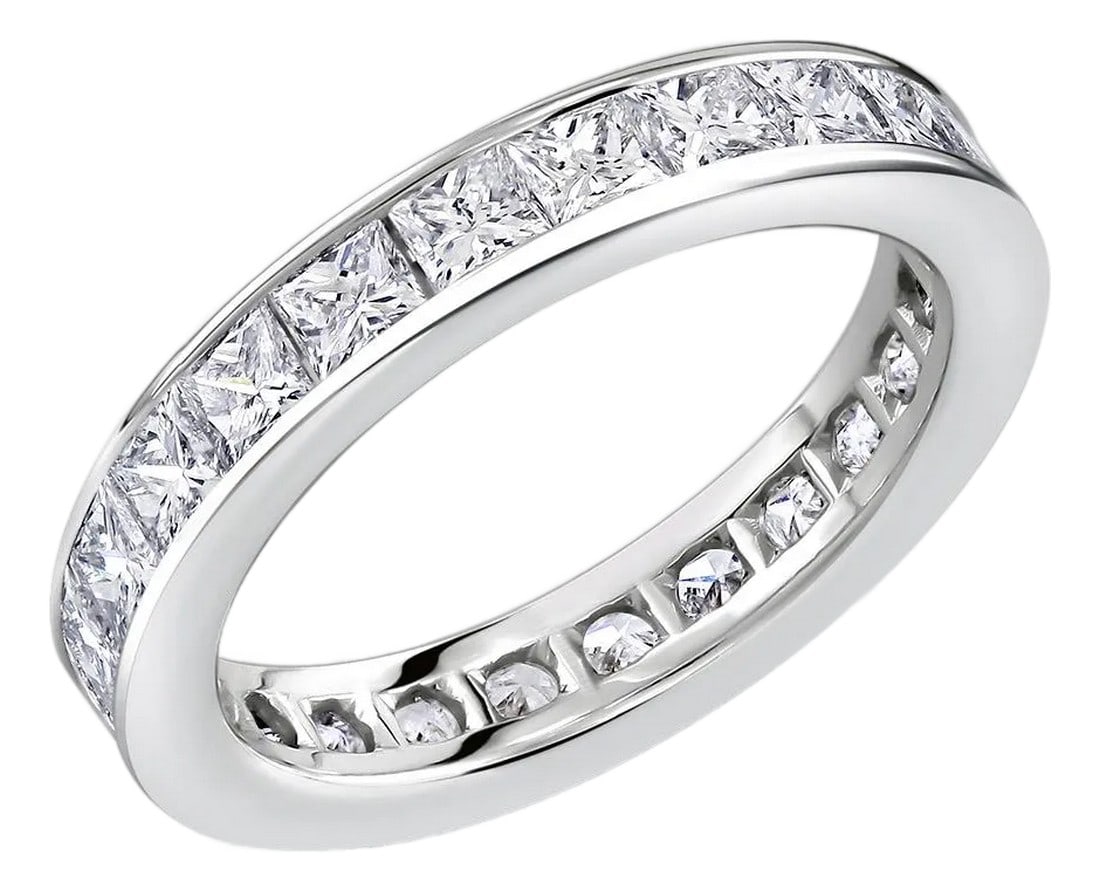 Platinum Princess Diamond 2.75 Carat Eternity 3.5 Millimeter Wide Band Size 6: Introducing our exquisite Platinum Princess Diamond Eternity Wedding Band, a timeless symbol of eternal love and commitment. Crafted with the utmost precision and artistry, this magnificent piece