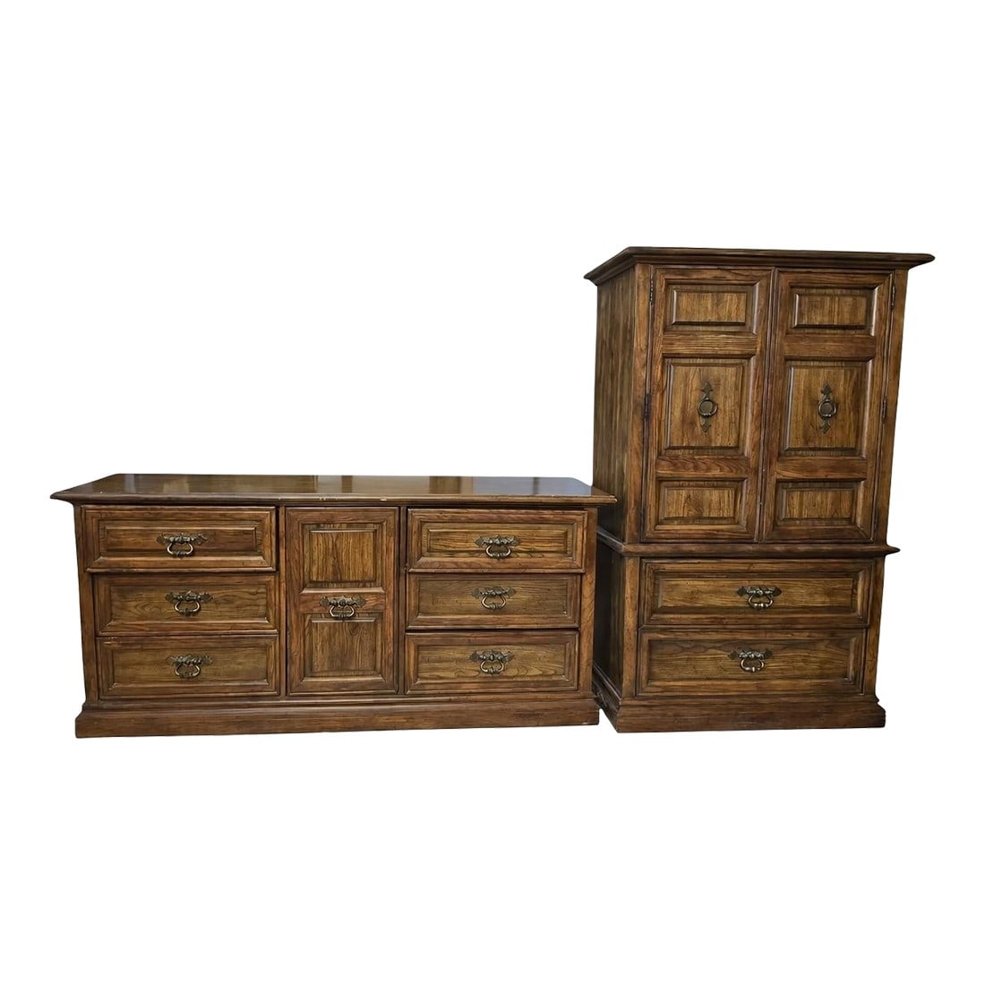 1970s Stanley Furniture Spanish Mediterranean Carved Oak Dresser Set - A Pair: Stunning matching pair of authentic Stanley Furniture bedroom pieces from their coveted 4213 Fruitwood collection, crafted in the Spanish Mediterranean Revival style, circa 1970s. Stanley Furniture,