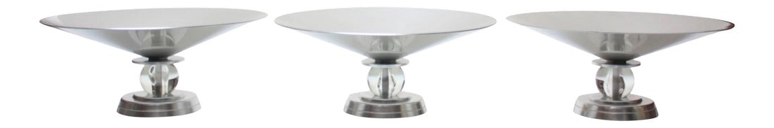 Deco Aluminum 'Stratford' Compotes by Lurelle Guild for Kensington - Set of 3: Nice set of three Art Deco aluminum compotes from the 'Stratford' series (Model 7411), conceived and designed by Lurelle Guild for Kensington in 1934. Only in production until the end of WWII.