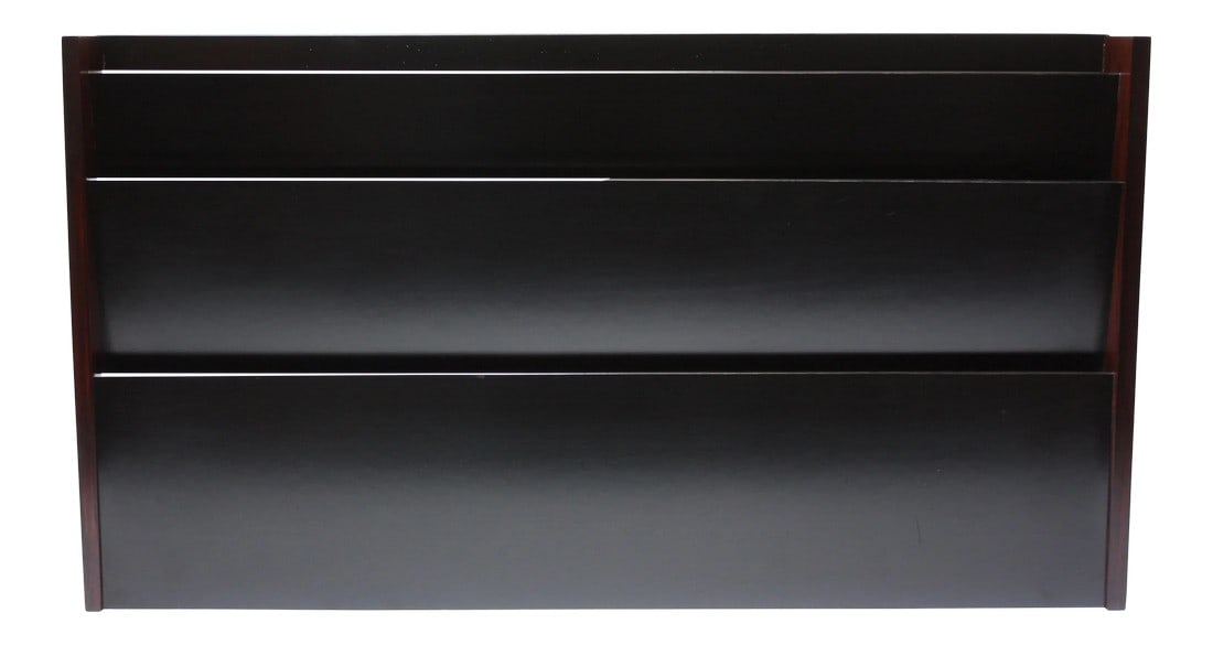 Large Peter Pepper Wall-Mounted Magazine Holder in Rosewood: Wall-mounted magazine holder by Peter Pepper Products of Gardens, CA (circa 1970s). Composed of a black laminate divider in three sections framed by rosewood borders. Very nice, vintage condition